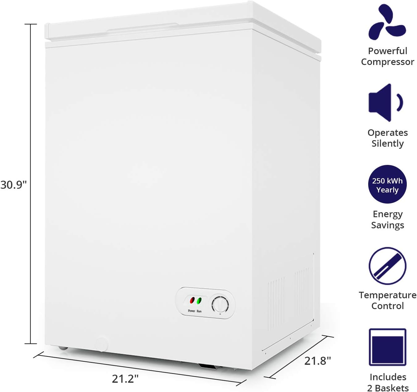 Northair Chest Freezer - 3.5 Cu Ft with 2 Removable Baskets - Reach In Freezer Chest - Quiet Compact Freezer - 7 Temperature Settings - White