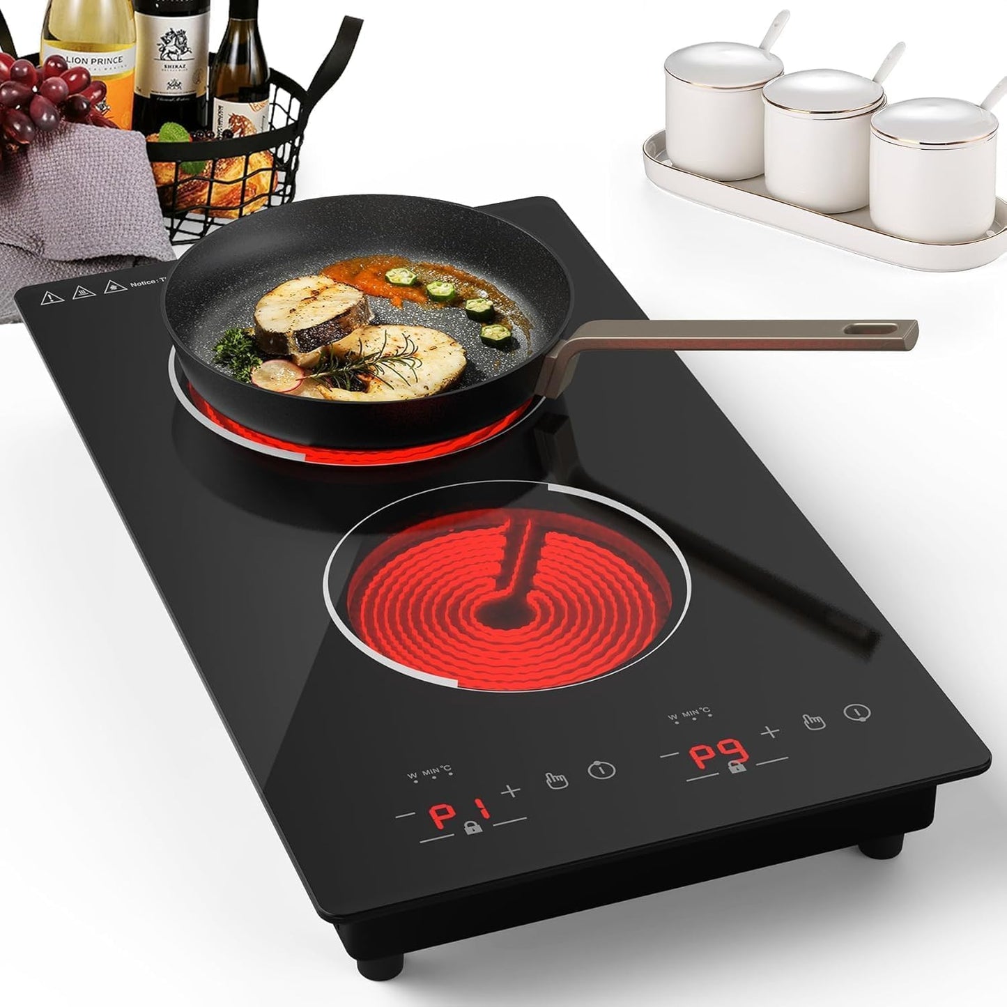 VBGK Electric Cooktop,12 Inch Built-in and countertop Electric Stove Top,110V 2100W 2 burner cooktop,9 Heating Level,Timer & Kid Safety Lock, Sensor Touch Control 2 burner Induction Cooktop