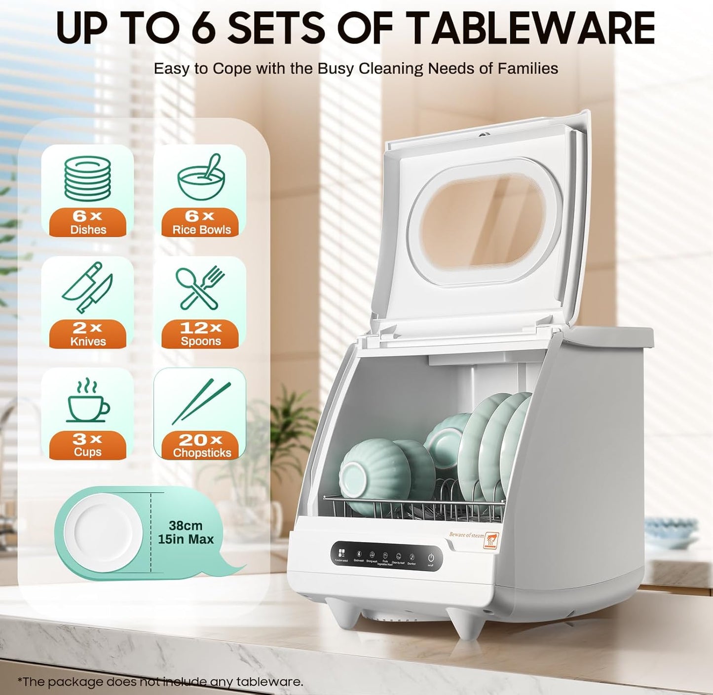 1200W Portable Countertop Dishwasher, 5 Wash Programs Mini Countertop Dishwasher with Water Tank, 360° Spray Arms Intelligent Cutlery Helper for Apartment Kitchen RV Office