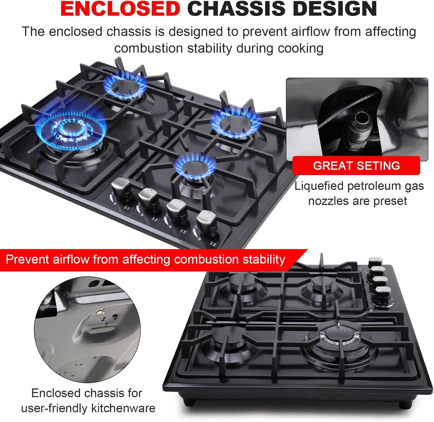 FORIMO Gas Cooktop 22Inch,Built in Gas Cooktop 4 Burners Stainless Steel Stove with NG/LPG Conversion Kit Thermocouple Protection and Easy to Clean