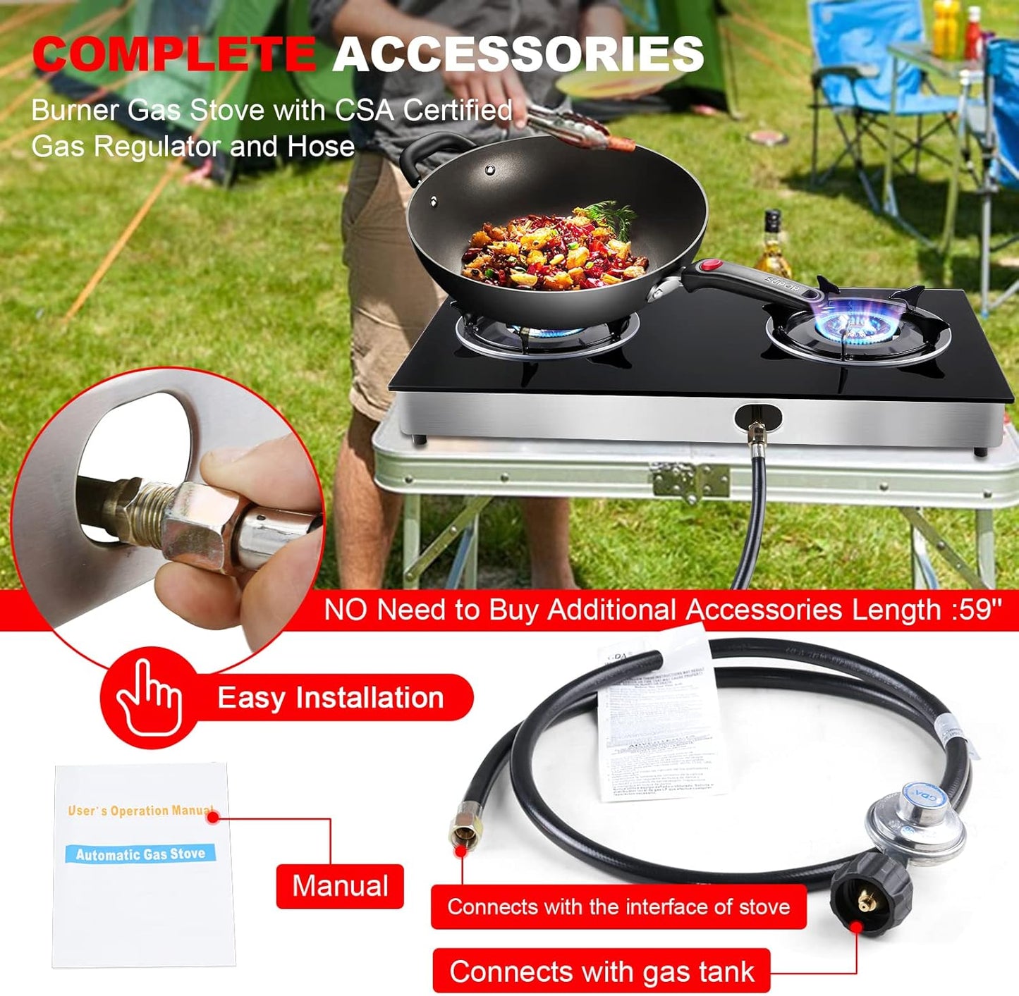Propane Gas Cooktop 2 Burners Stove portable gas stove Tempered Glass Double Auto Ignition Camping Burner LPG for RV, Apartments, Outdoor