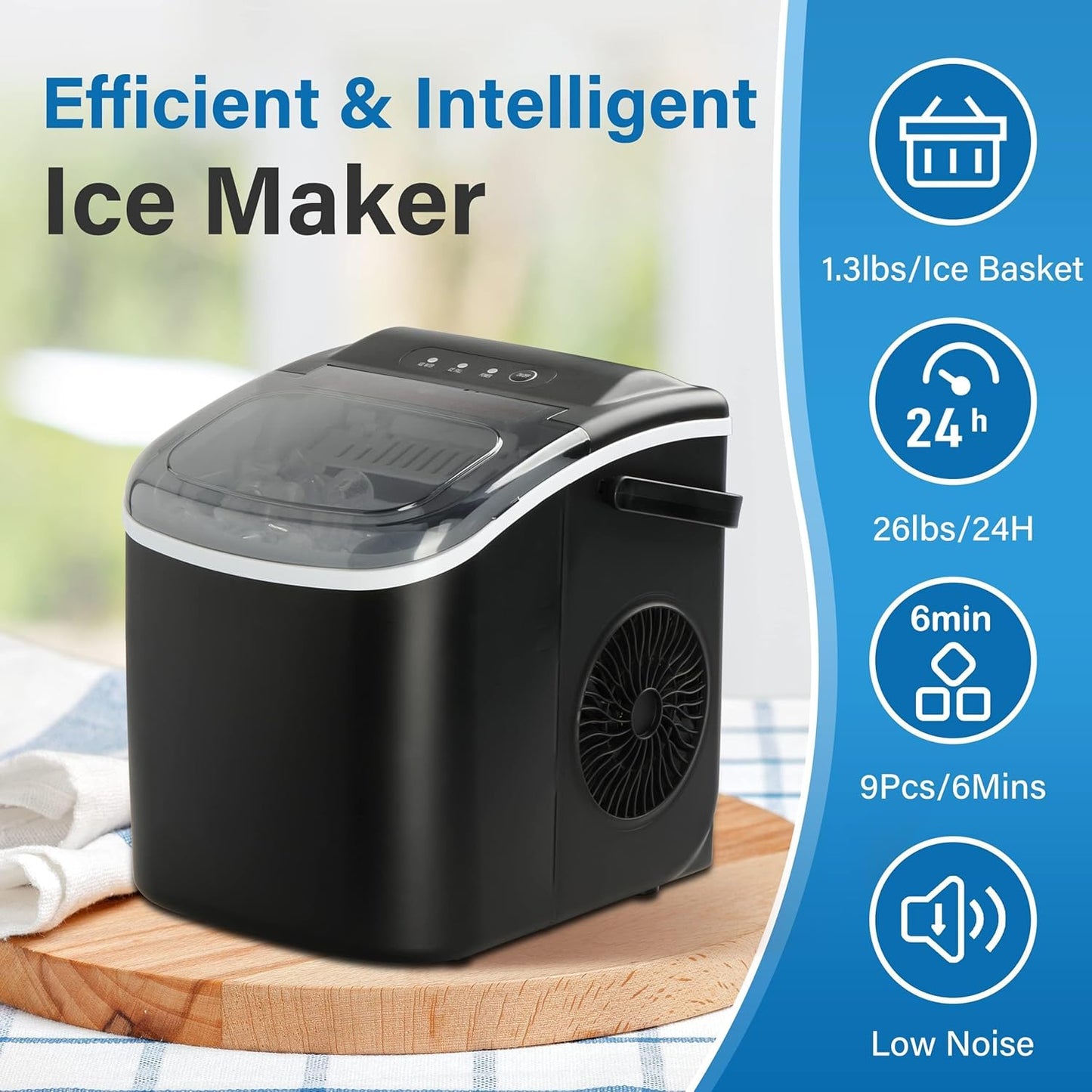 HealSmart Ice Maker for Countertop, 26lbs Ice/24Hrs, 9 Ice Cubes Ready in 6 Mins, Self-Cleaning Feature, Ice Spoon and Basket Included, for Home, Kitchen, Camping, Party, Black New