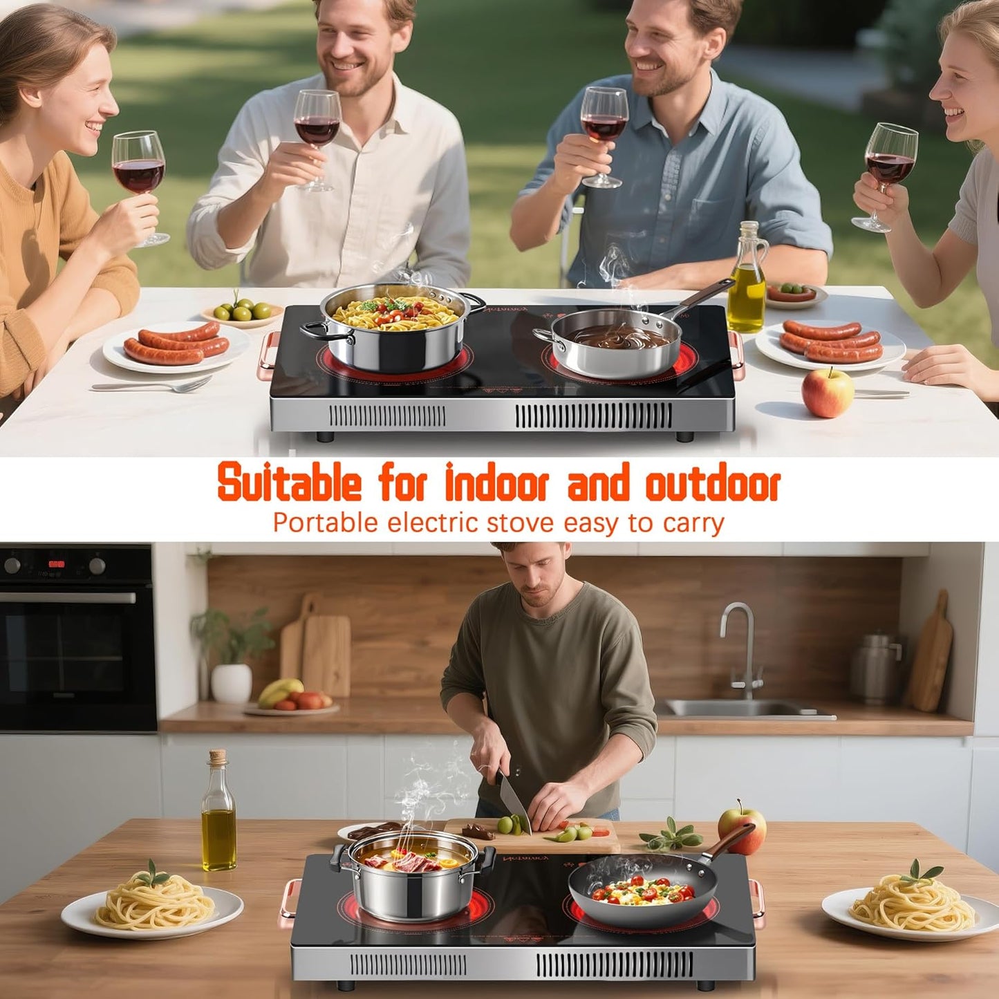 Electric Cooktop 2 Burner, 24 Inch Electric Stove with Touch & Knob Control, 2000W Ceramic Cooktop 110V Plug in, 240Mins Timer, Safety Lock & 9 Heating Levels, Overheat Protection(Red)