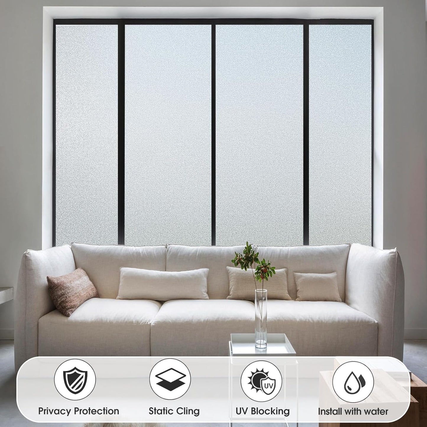 Coavas Window Privacy Film Frosted Glass Static Cling UV Sun Blocking Heat Control Window Tint Day and Night Insulation Home Bathroom Door Decorative Frosting Cover, 17.5 x 78.7 Inch, Pure