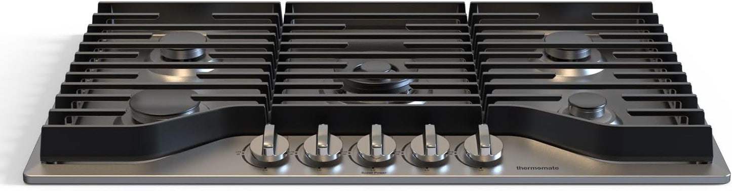 ThermoMate Heavy 36 Inch Gas Cooktop with 5 Italy Sabaf Power Burners, Built In Gas Stove Top of 304 Stainless Steel, Gas Hob NG/LPG Convertible, Gas Cooker with Thermocouple Protection CSA Certified