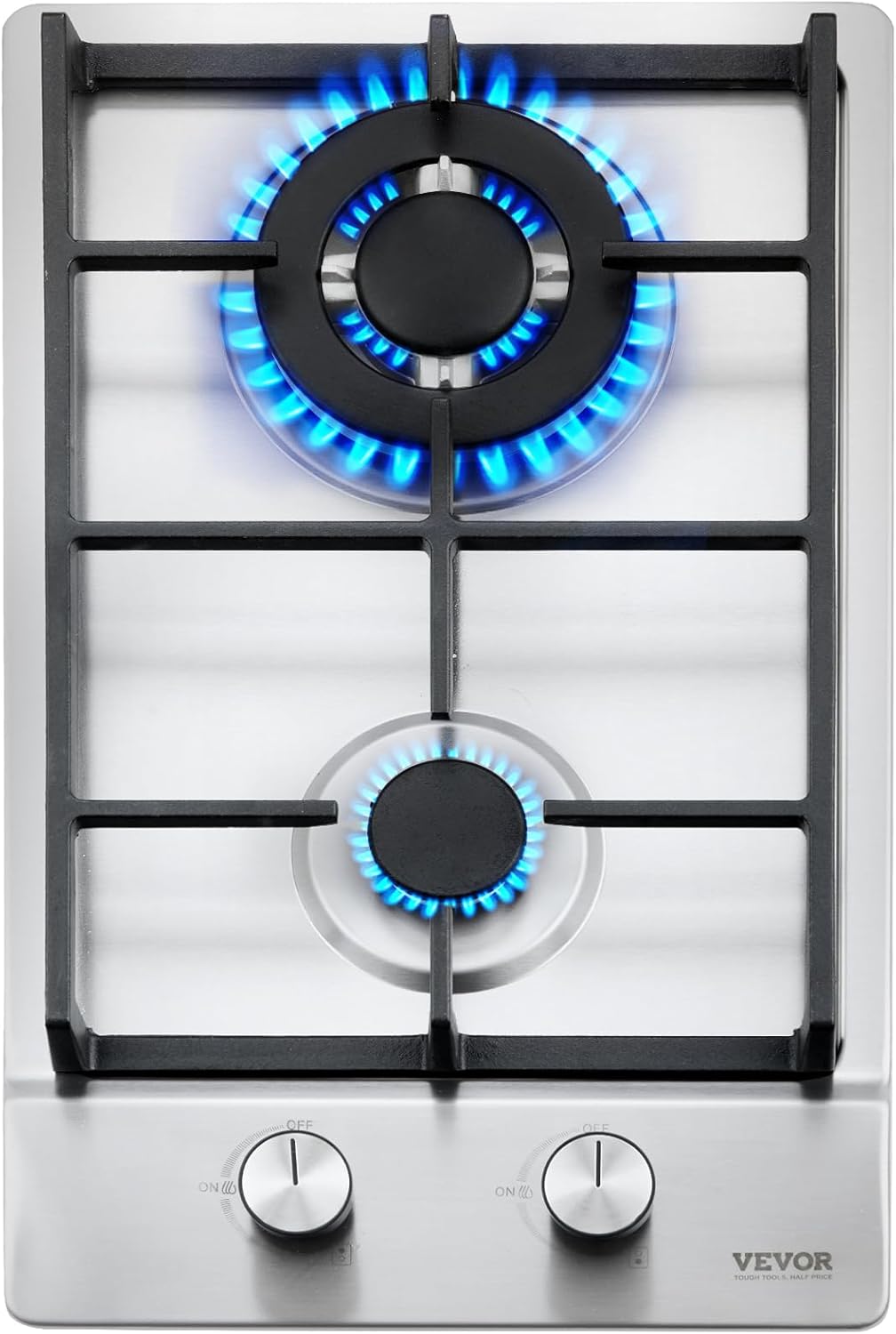 VEVOR 12 inch 2 Burners Cooktop Max 12250BTU Built-in Stainless Steel Stove Top LPG/NG Convertible Dual Fuel Natural Gas Hob with Thermocouple Protection for Outdoor, Kitchen, Camping, RV