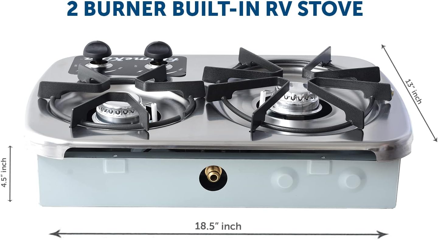 Flame King YSNHT600 2-Burner Built-in RV Cooktop Propane Stove, 7200 and 5200 BTU Burners, Self-Igniting, Cover Included, Silver, 18.5" x 13" x 4.5"