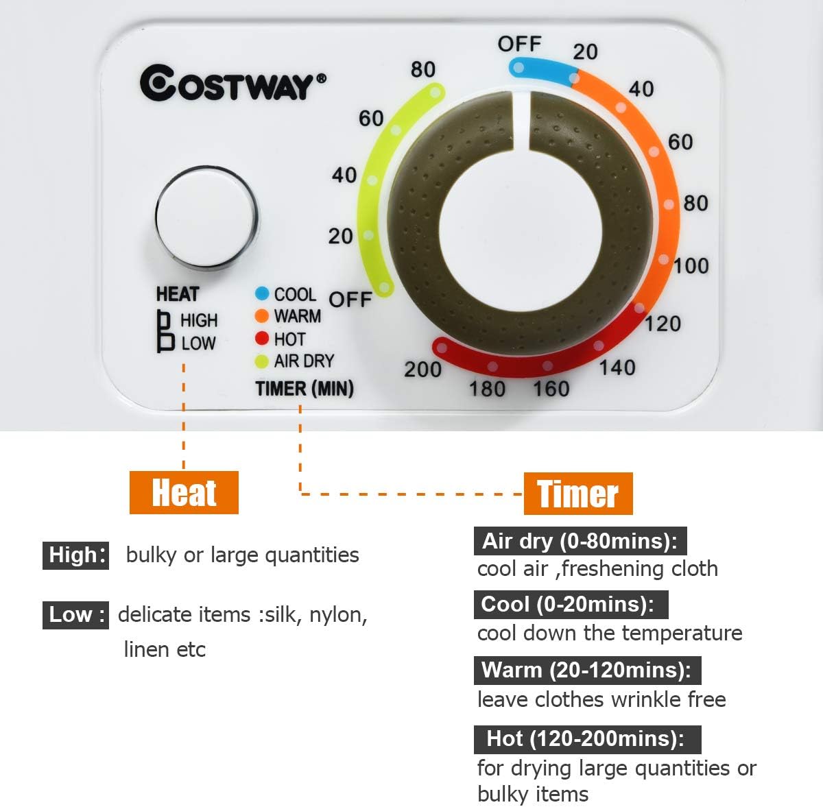 COSTWAY GYJ25-78 110V Electric Portable Clothes Stainless Steel Tub Laundry Dryer, for 4 Automatic Drying Mode, White