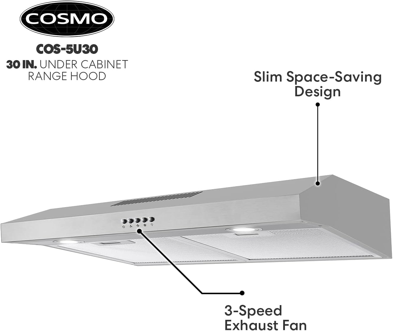 COSMO COS-5U30 30 in. Delta Collection Ducted Under Cabinet Range Hood, Button Controls, Reusable Filters, LED Lights in Stainless Steel
