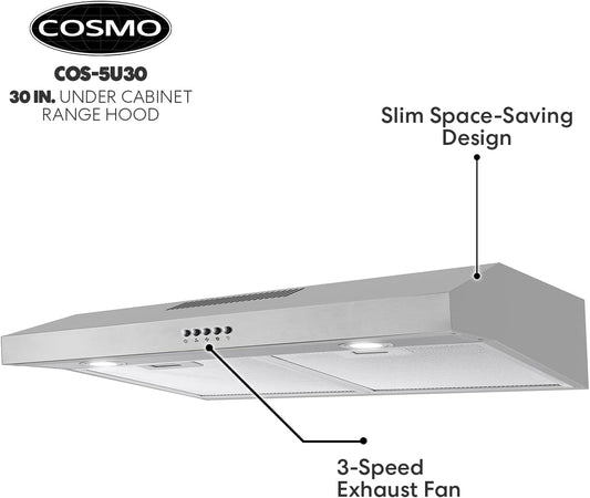 COSMO COS-5U30 30 in. Delta Collection Ducted Under Cabinet Range Hood, Button Controls, Reusable Filters, LED Lights in Stainless Steel