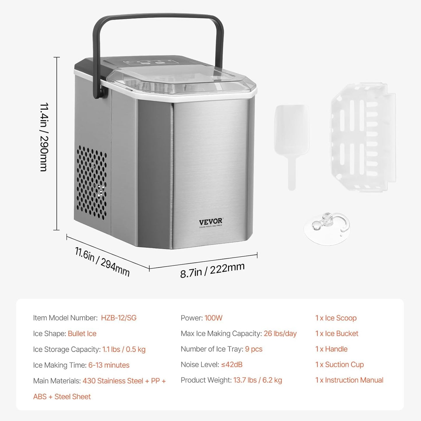 VEVOR Countertop Ice Maker, 9 Cubes Ready in 6 Mins, 26lbs in 24Hrs, Self-Cleaning Portable Ice Maker with Ice Scoop and Basket, Ice Machine with 2 Sizes Bullet Ice for Home Kitchen Office Bar Party