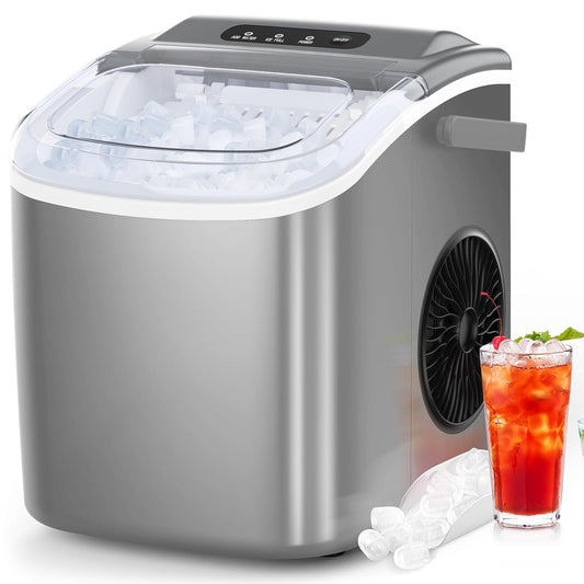 COWSAR Ice Maker Countertop, Portable Ice Machine with Self-Cleaning, 26.5lbs/24Hrs, 9 Bullet Ice Cubes in 6 Mins, Ice Basket and Scoop, Ideal for Home, Kitchen, Bar, Camping, Grey