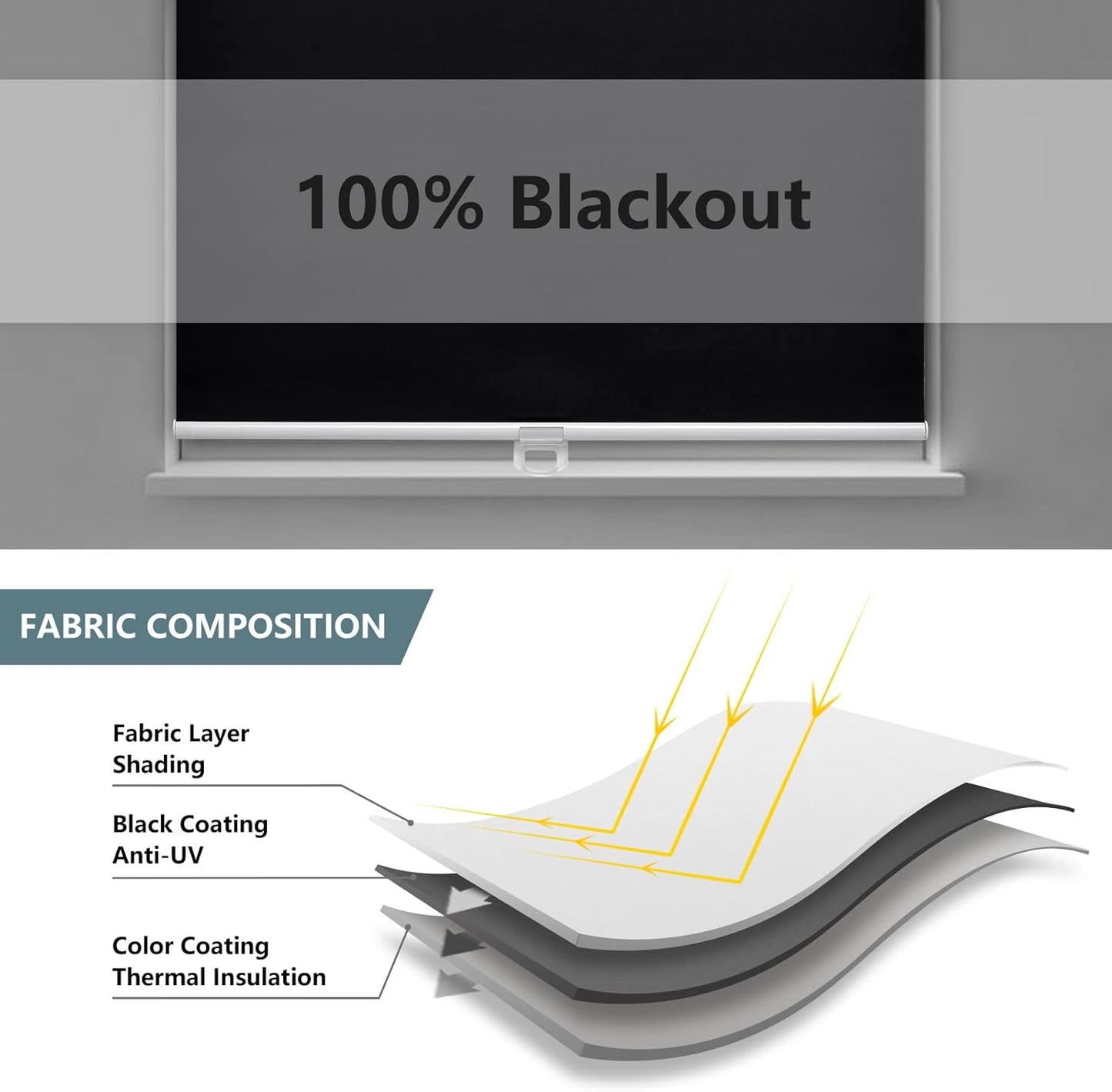AOSKY Cordless Roller Shades Blackout Blinds for Windows Room Darkening Rolled Up Shades with Spring System, UV Protection Window Shades Door Blinds for Home and Office (34" W x 72" H, Black)