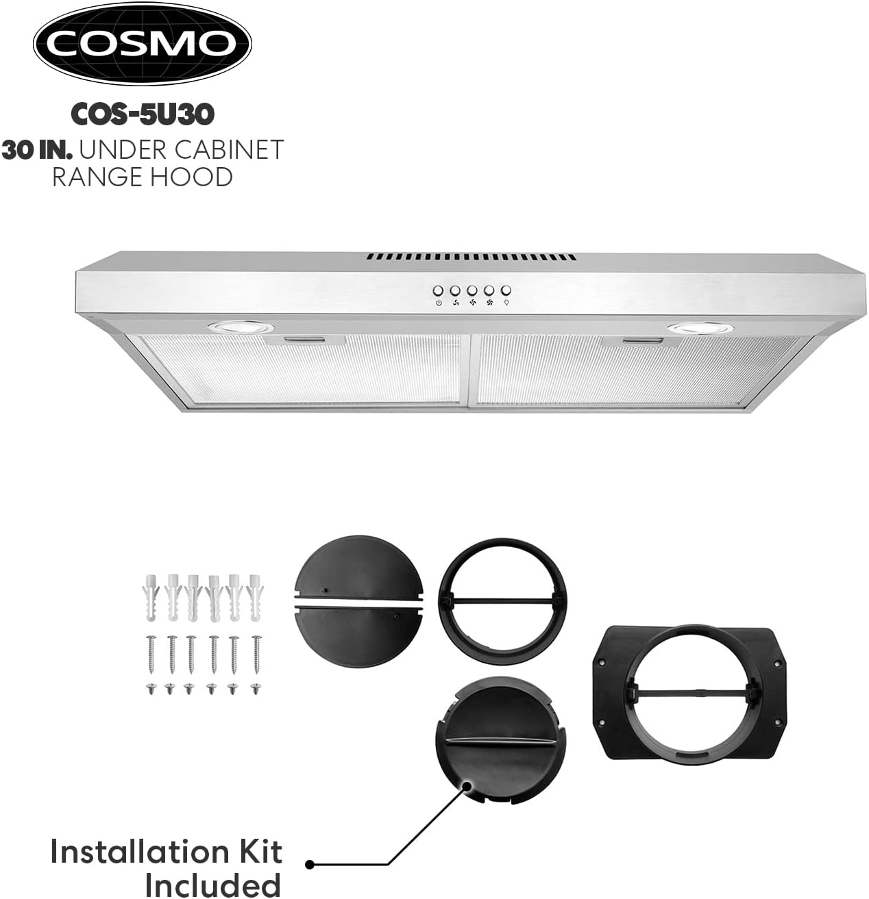 COSMO COS-5U30 30 in. Delta Collection Ducted Under Cabinet Range Hood, Button Controls, Reusable Filters, LED Lights in Stainless Steel