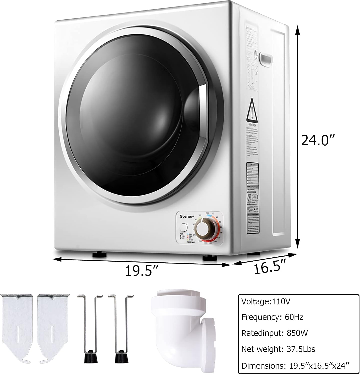 COSTWAY GYJ25-78 110V Electric Portable Clothes Stainless Steel Tub Laundry Dryer, for 4 Automatic Drying Mode, White