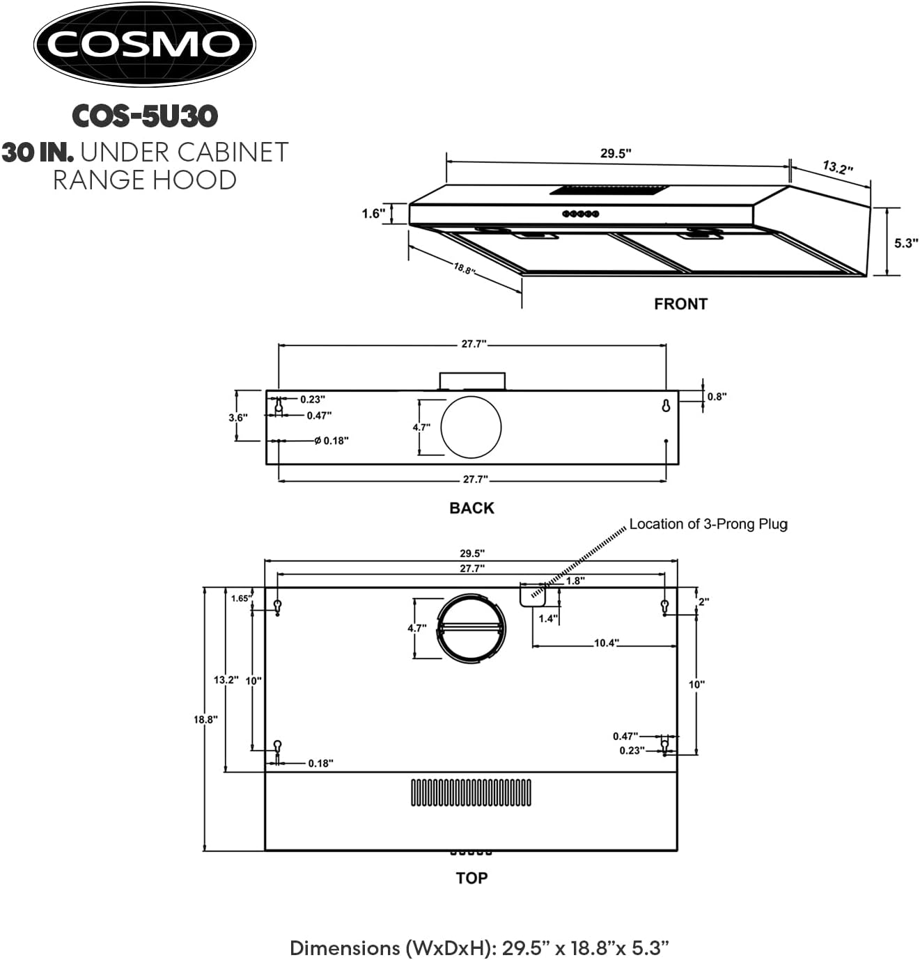 COSMO COS-5U30 30 in. Delta Collection Ducted Under Cabinet Range Hood, Button Controls, Reusable Filters, LED Lights in Stainless Steel