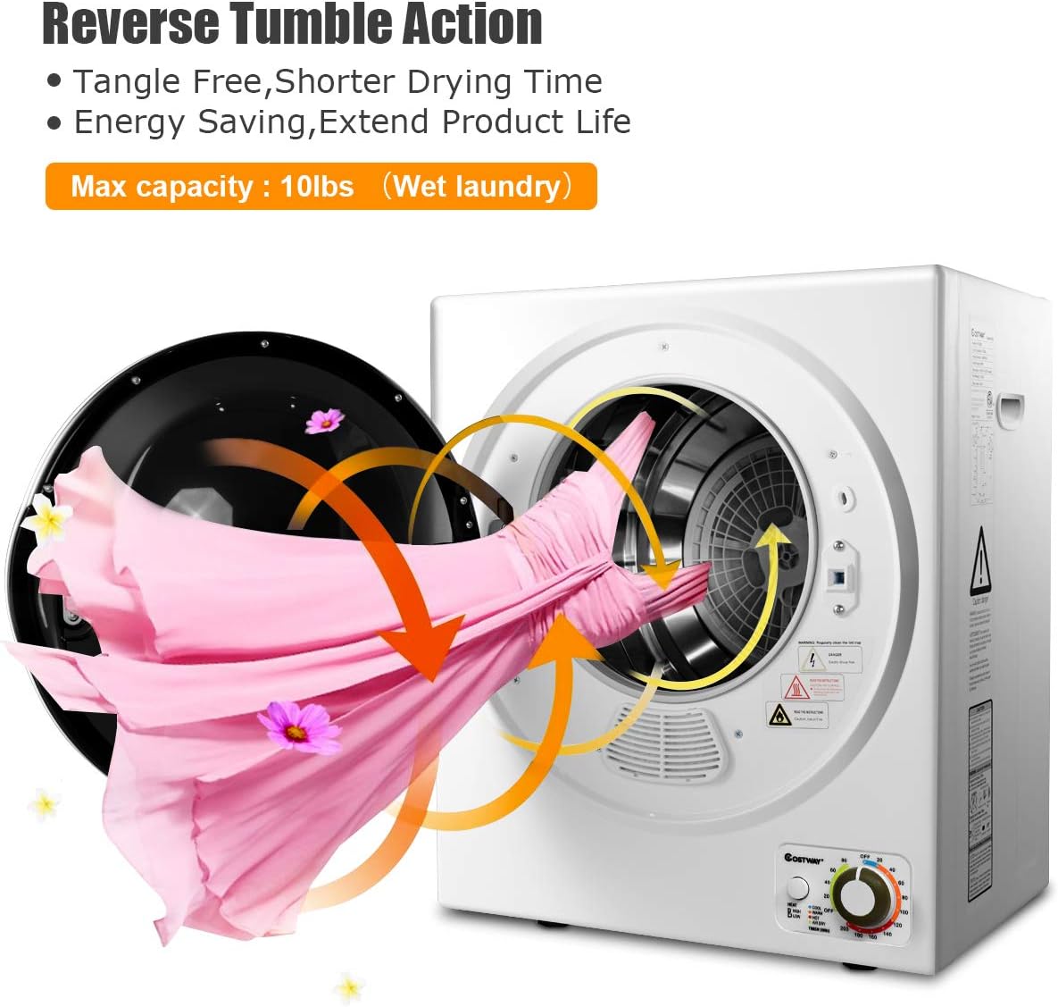 COSTWAY GYJ25-78 110V Electric Portable Clothes Stainless Steel Tub Laundry Dryer, for 4 Automatic Drying Mode, White