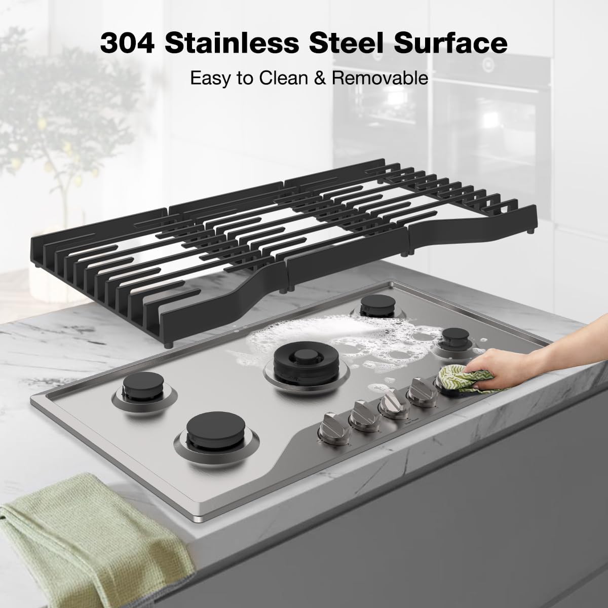 ThermoMate Heavy 36 Inch Gas Cooktop with 5 Italy Sabaf Power Burners, Built In Gas Stove Top of 304 Stainless Steel, Gas Hob NG/LPG Convertible, Gas Cooker with Thermocouple Protection CSA Certified