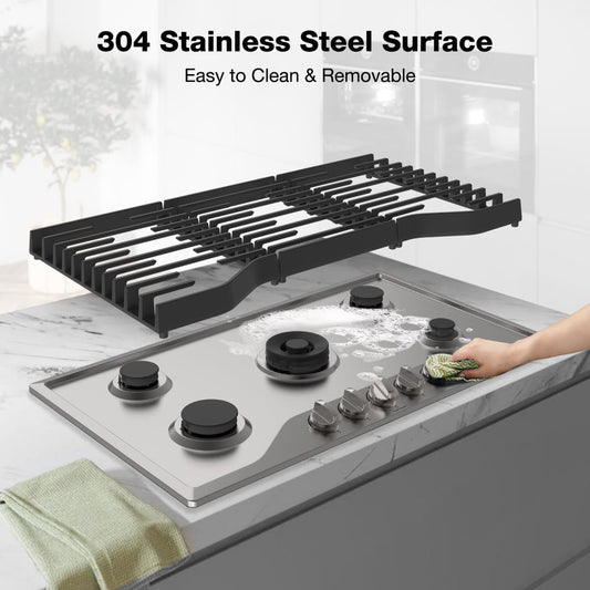 ThermoMate Heavy 36 Inch Gas Cooktop with 5 Italy Sabaf Power Burners, Built In Gas Stove Top of 304 Stainless Steel, Gas Hob NG/LPG Convertible, Gas Cooker with Thermocouple Protection CSA Certified