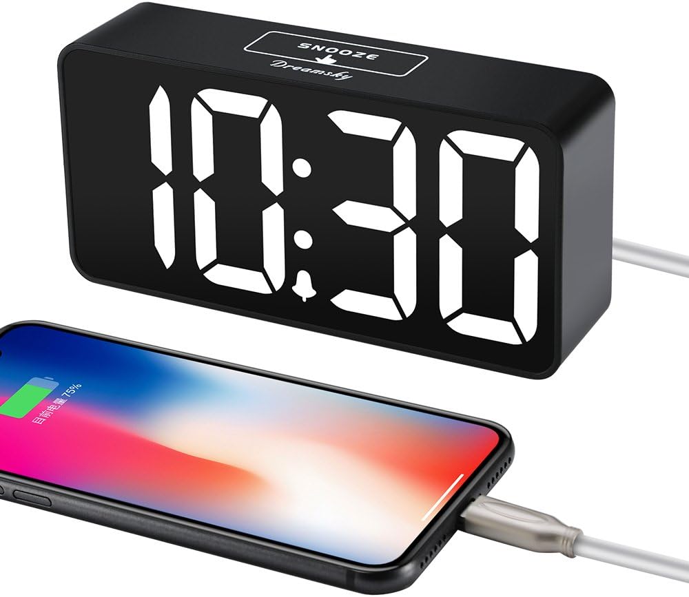 DreamSky Small Digital Alarm Clock for Bederoom, Large Big Numbers Display with Brightness Dimmer, Electric Bedside Desk Clock with USB Charging Port, Adjustable Alarm Volume, 12/24H, Snooze