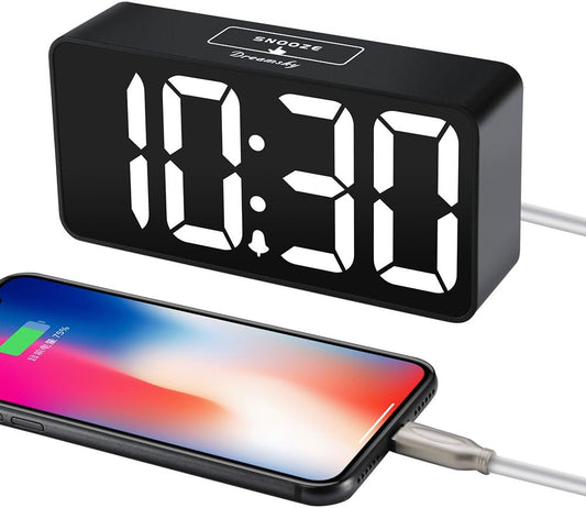 DreamSky Small Digital Alarm Clock for Bederoom, Large Big Numbers Display with Brightness Dimmer, Electric Bedside Desk Clock with USB Charging Port, Adjustable Alarm Volume, 12/24H, Snooze
