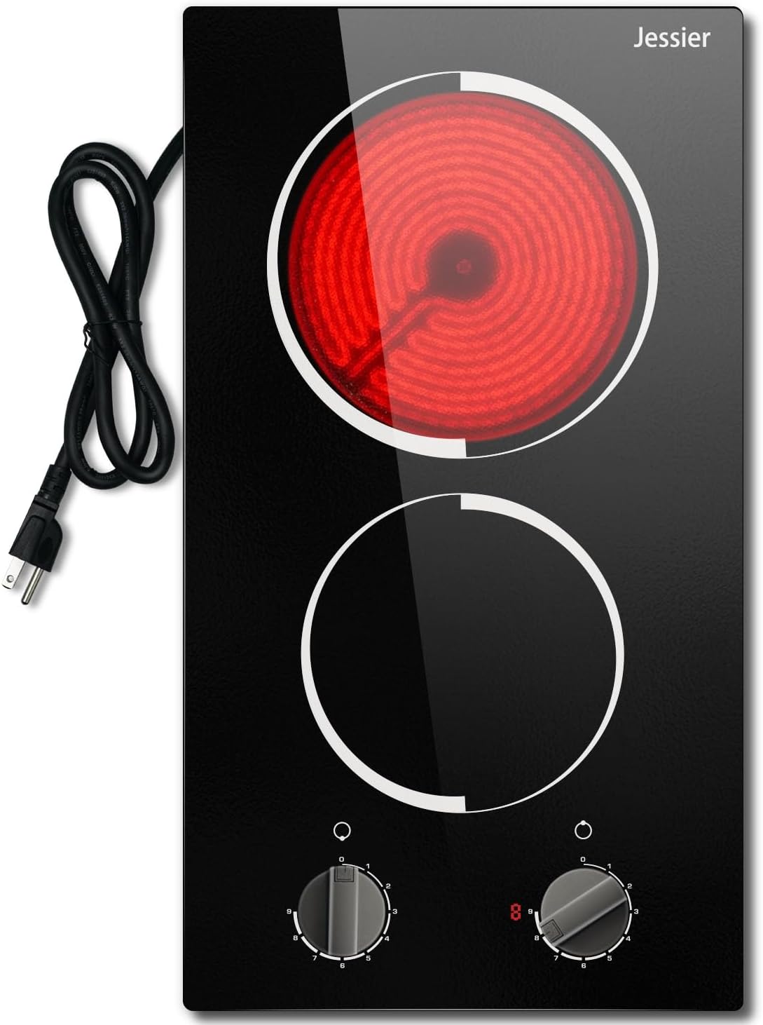 2 Burner Electric Cooktop - 12 Inch Plug in Portable 110V Electric Cook Top, Built-in & Countertop Ceramic Stove Top with Knob Control, 9 Power Levels and Overheat Protection