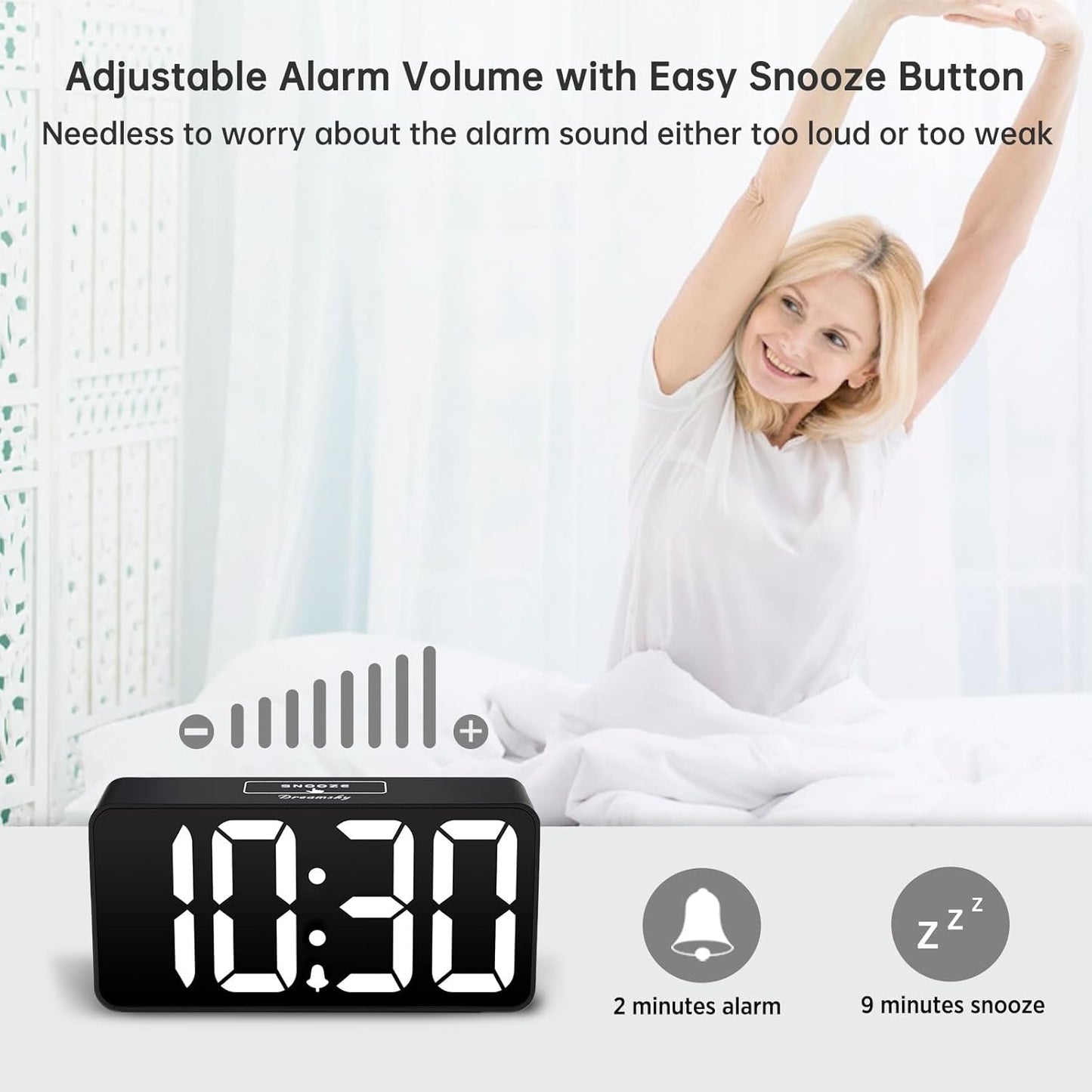 DreamSky Small Digital Alarm Clock for Bederoom, Large Big Numbers Display with Brightness Dimmer, Electric Bedside Desk Clock with USB Charging Port, Adjustable Alarm Volume, 12/24H, Snooze