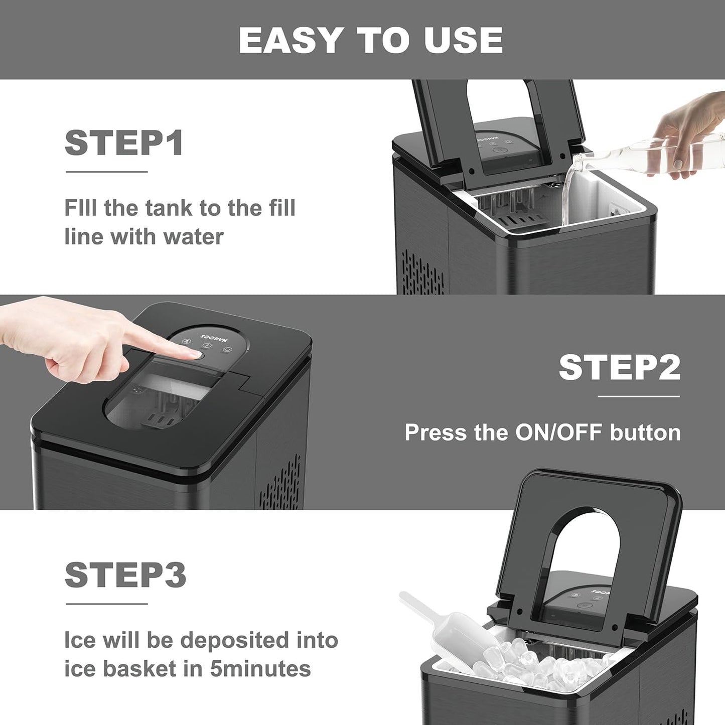 Ice Makers Countertop, Portable Ice Makes 27 lbs in 24 hrs - 9 Ice Cubes Ready in 5-7 Mins, Ice Maker Machine with Self- Cleaning Function with Ice Scoop and Basket