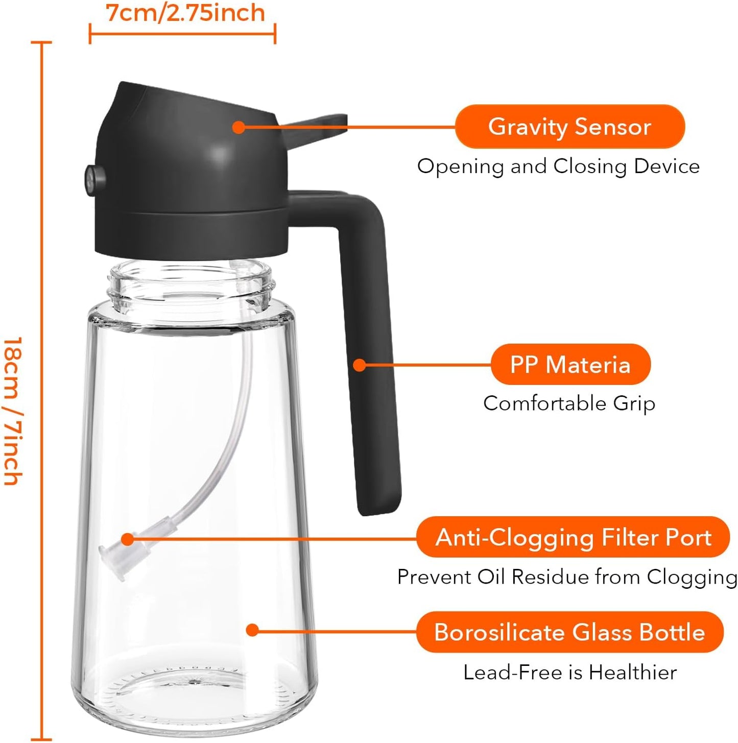 YRRAMATE 16oz/470ml Glass Olive Oil Sprayer for Cooking with Stickers, 2 in 1 Oil Dispenser for Kitchen Gadgets, Food Grade Premium Spray Bottle with Portion Control for Salad, Frying, BBQ (Black)