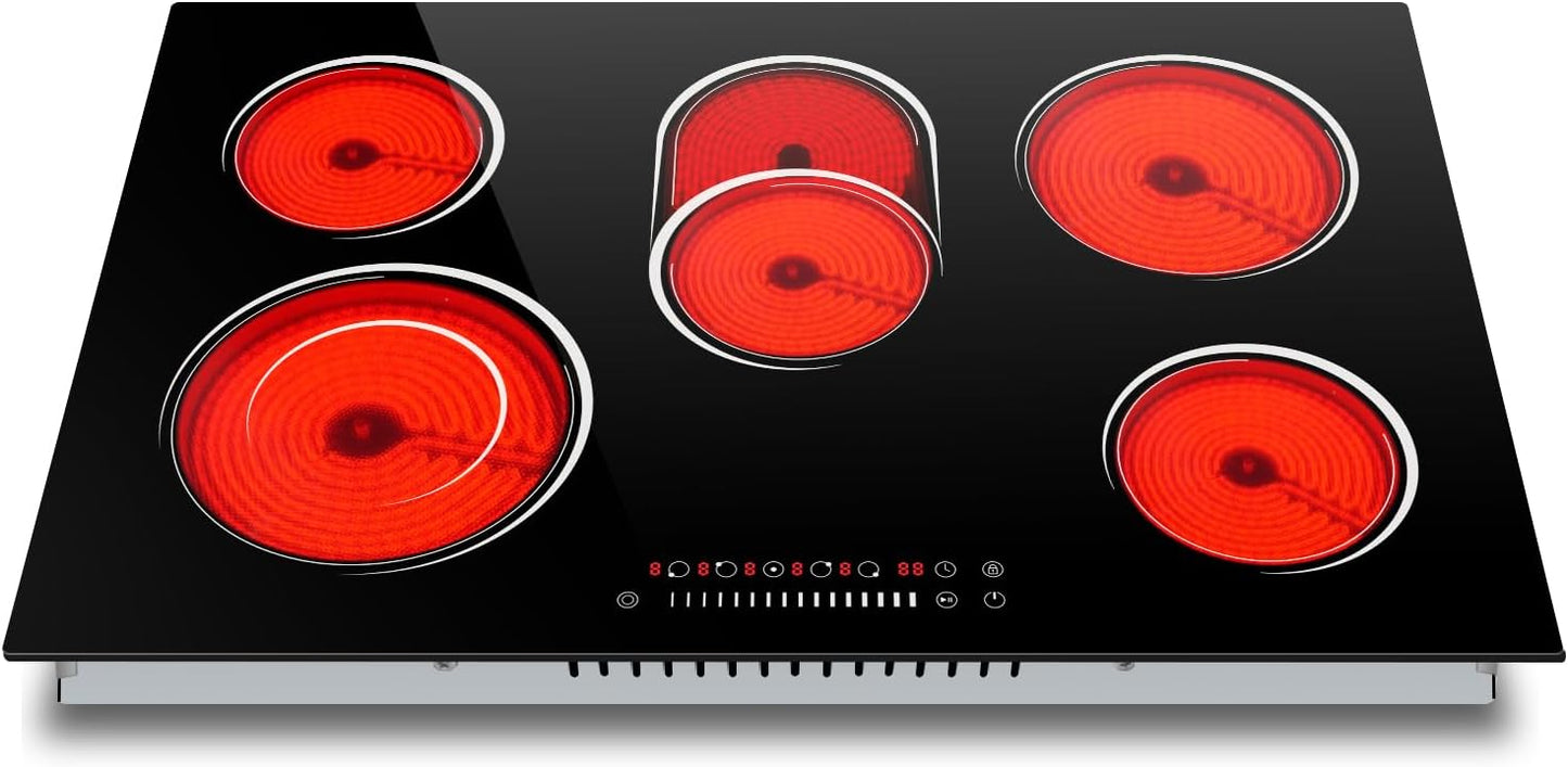 30 Inch Electric Cooktop, Nefaracy 5 Burner Electric Stove Top with Slider Control, 8400W Built-in Ceramic Cooktop with Dual Oval Zone, Timer & Safety Lock, Hot Surface Indicator, 220V, Hard Wire
