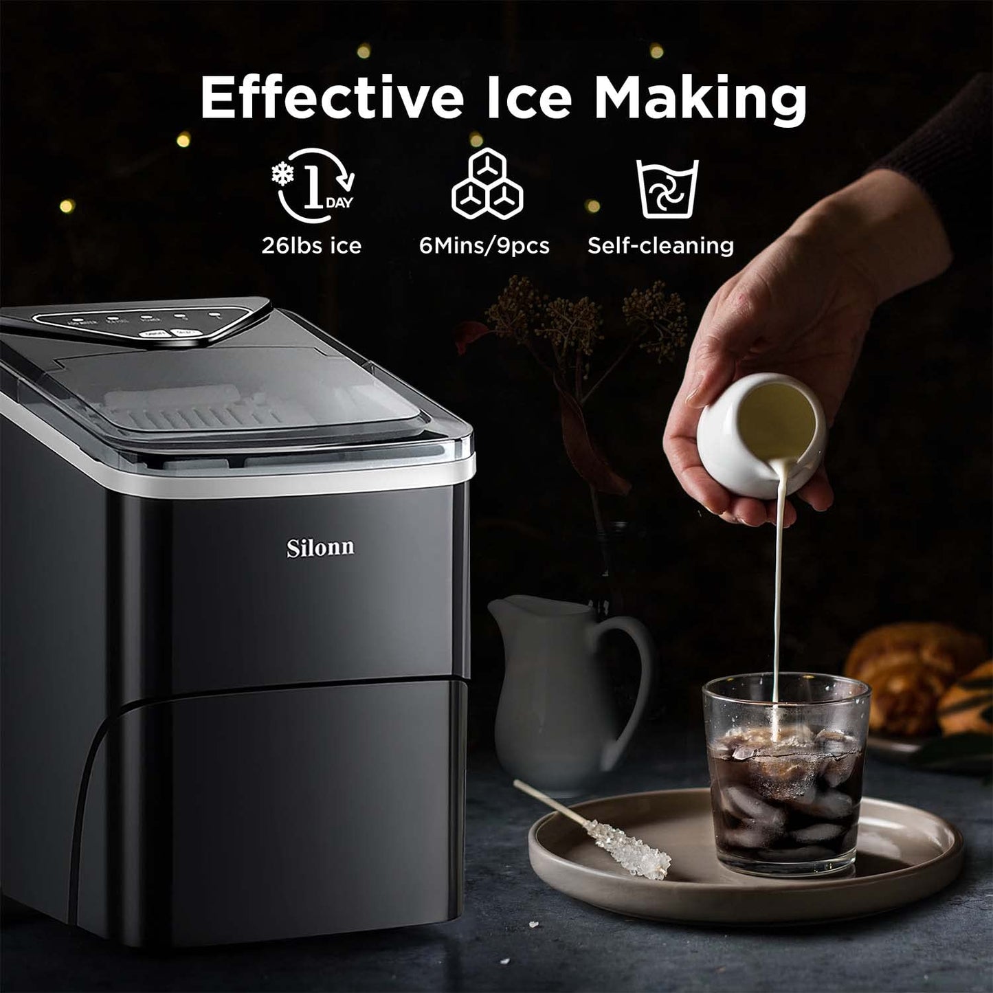Silonn Ice Makers Countertop, 9 Cubes Ready in 6 Mins, 26lbs in 24Hrs, Self-Cleaning Ice Machine with Ice Scoop and Basket, 2 Sizes of Bullet Ice for Home Kitchen Office Party