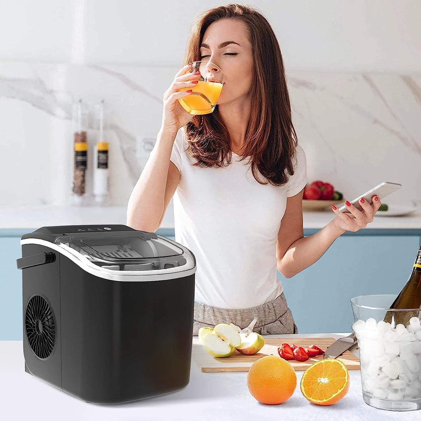Countertop Ice Maker Machine with Handle, Portable Maker, 27lbs/24Hrs, 7Mins/9 Pcs ice Cubes, Self-Cleaning Table Top Maker with Ice Basket/Scoop, for Home/Kitchen/Office(Black)