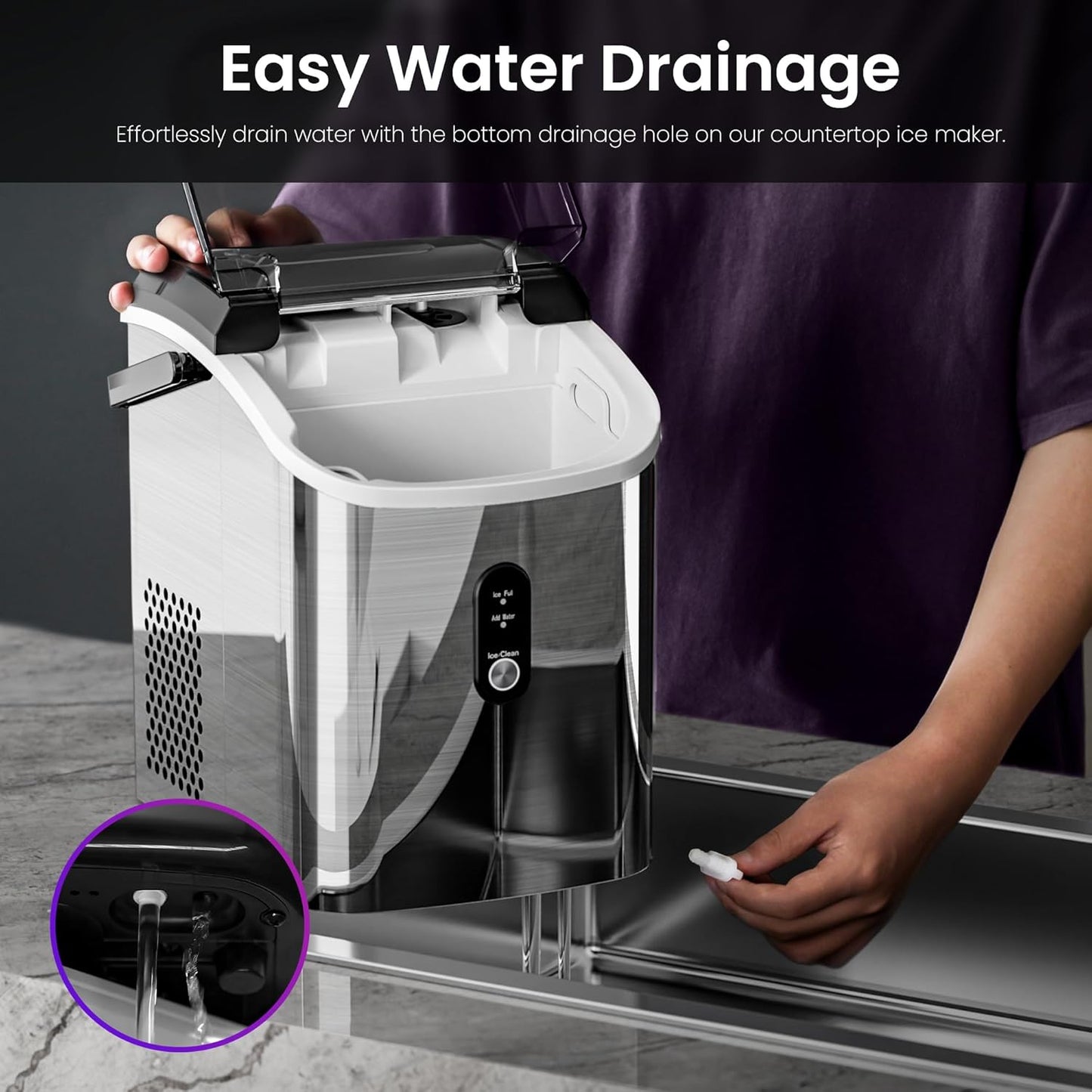 Kismile Nugget Ice Makers Countertop, Portable Sonic Ice Machine with Self-Cleaning/One-Click Operation for Home/Office(Silver)