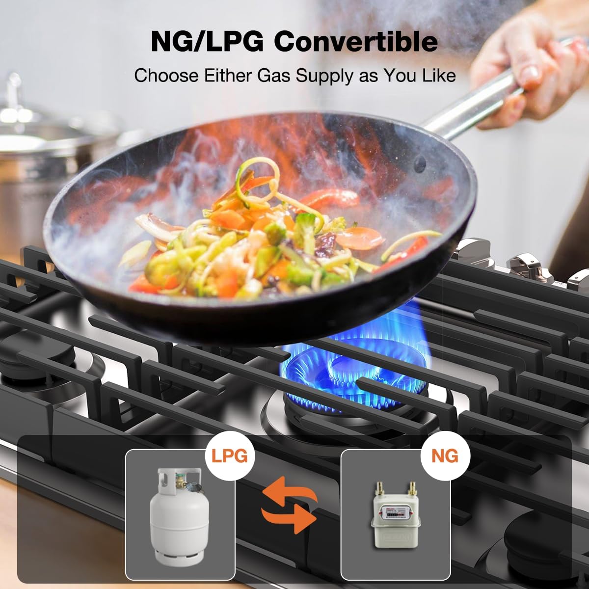 ThermoMate Heavy 36 Inch Gas Cooktop with 5 Italy Sabaf Power Burners, Built In Gas Stove Top of 304 Stainless Steel, Gas Hob NG/LPG Convertible, Gas Cooker with Thermocouple Protection CSA Certified