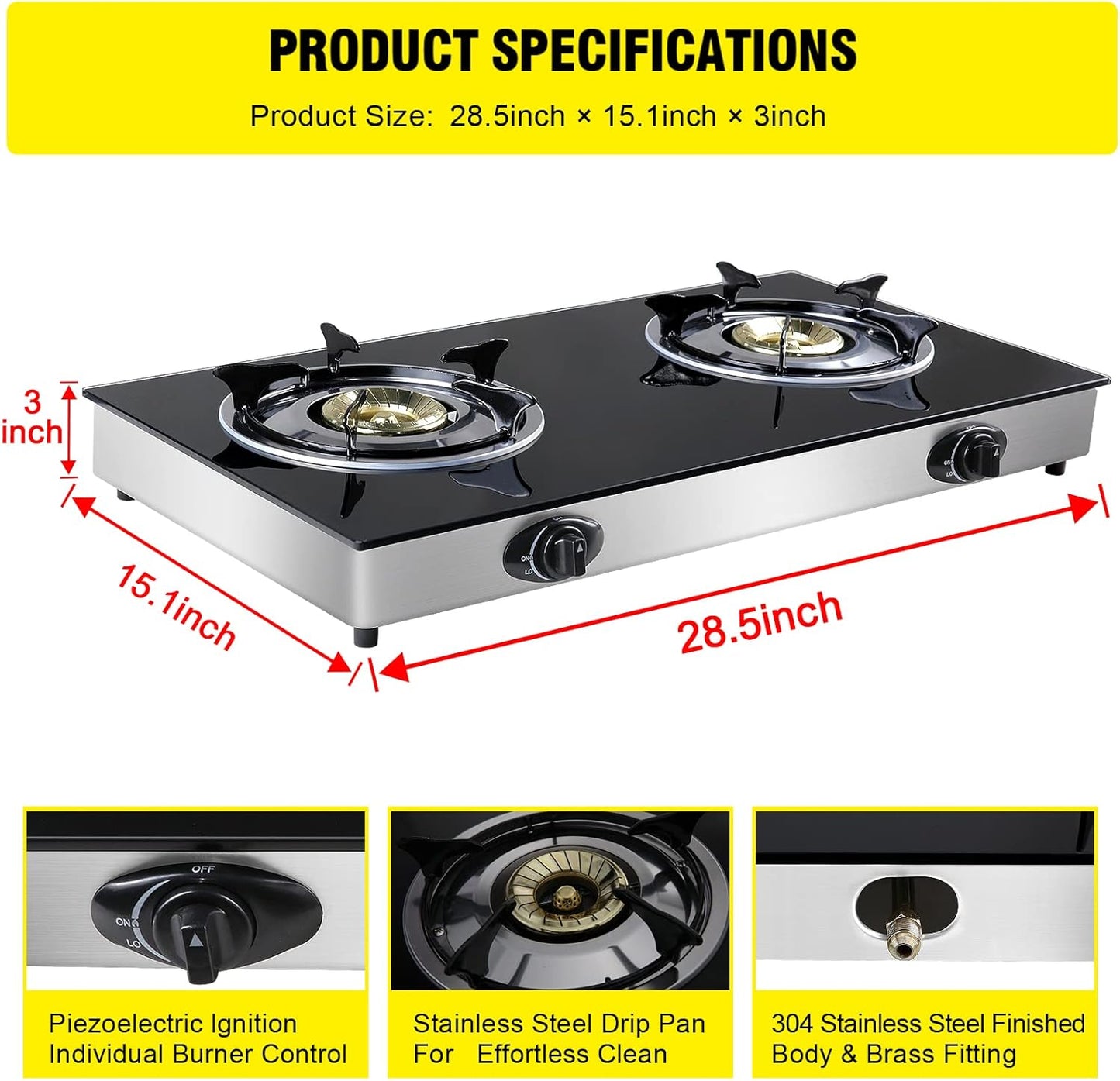 Propane Gas Cooktop 2 Burners Stove portable gas stove Tempered Glass Double Auto Ignition Camping Burner LPG for RV, Apartments, Outdoor