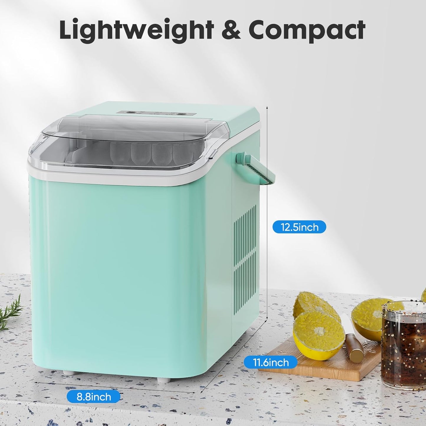 DUMOS Ice Maker Countertop Ice Machine Compact Size with Handle, 26lbs in 24Hrs, 9 Bullet Ice Cubes in 6 Mins, Self-Cleaning Function, Portable for Home, Kitchen, RV, Camping, Quiet Operation,Green