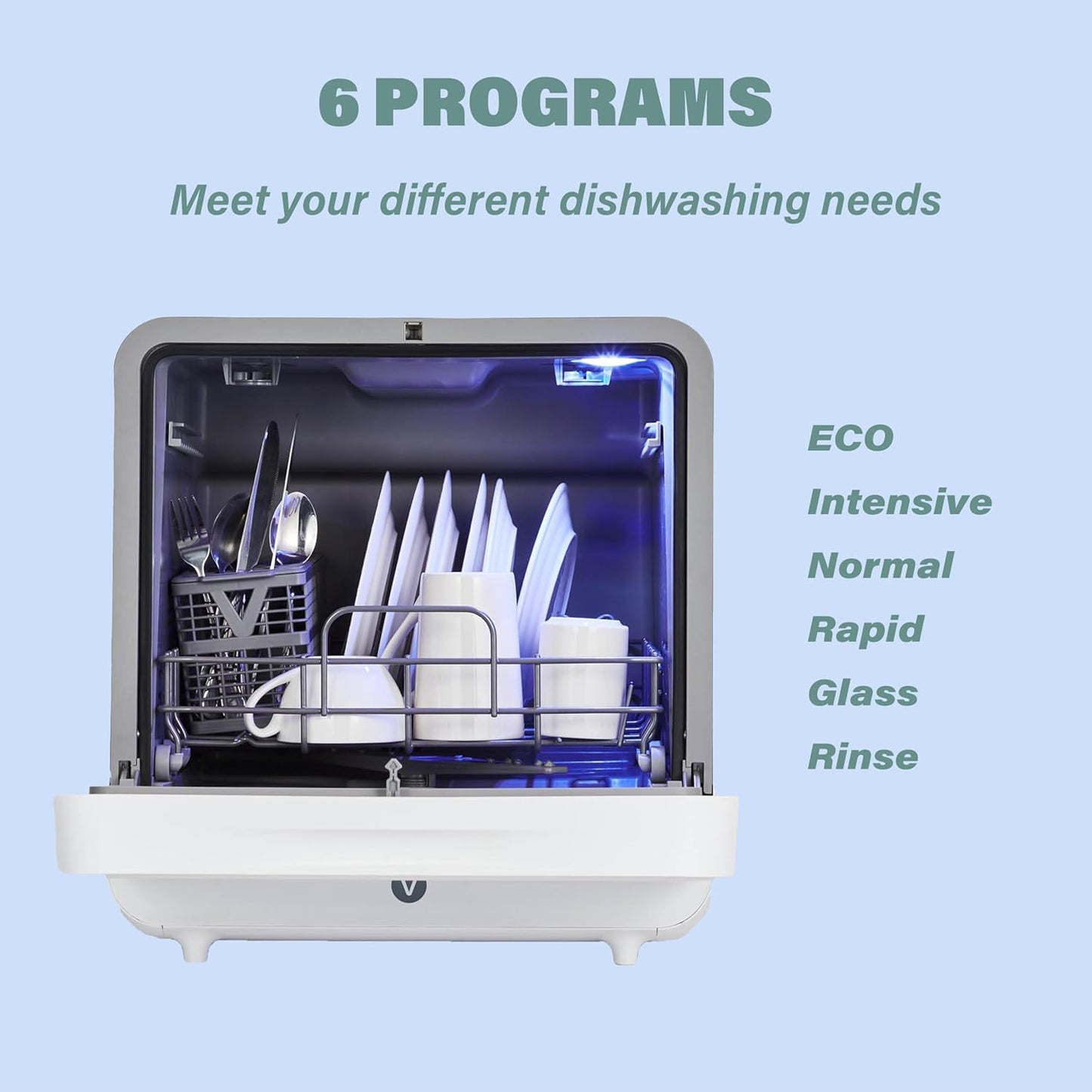 Portable Countertop Dishwashers, Compact Dishwashers, Tabletop Small Dishwasher with 5L Built-In Water Tank, 6 Washing Programs, Air-Dry Function and LED Light for Apartments& RVs