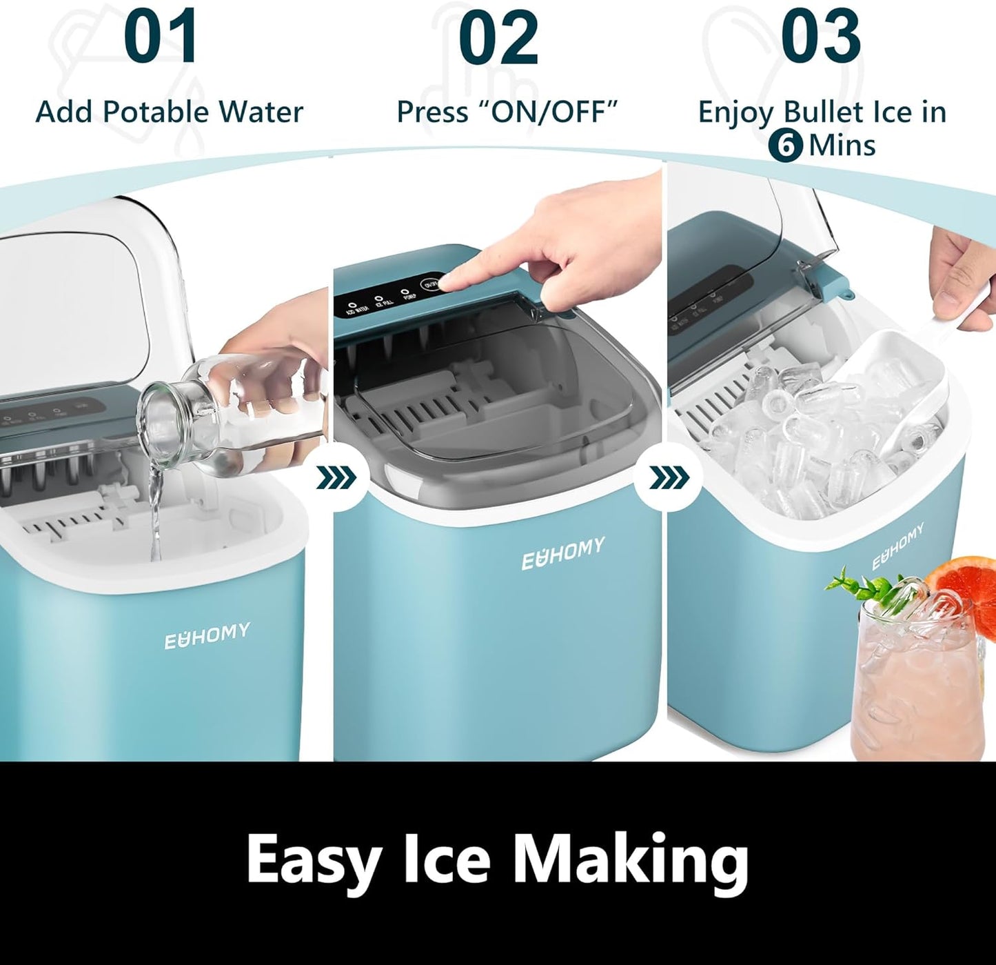 EUHOMY Countertop Ice Maker Machine with Handle, 26lbs Per Day, 9 Ice Cubes Ready in 6 Mins, Auto-Cleaning Portable Ice Maker with Basket and Scoop, for Home/Kitchen/Camping/RV (Blue)