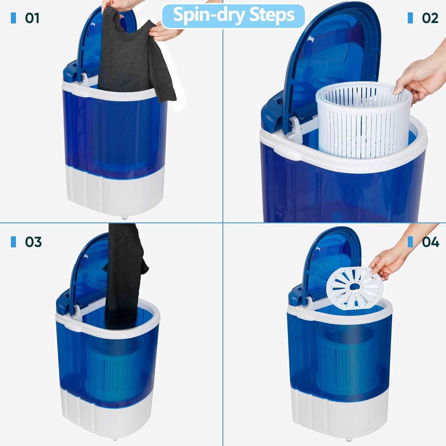 ZENY Portable Mini Washing Machine 8 lbs Washing Capacity Semi-Automatic Compact Washer Spinner Small Cloth Washer Laundry Appliances for Apartment, RV, Camping, Single Translucent Tub Blue
