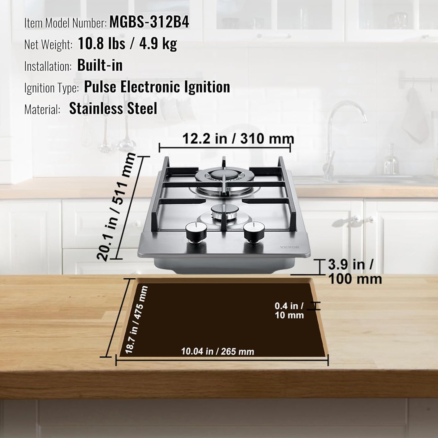 VEVOR 12 inch 2 Burners Cooktop Max 12250BTU Built-in Stainless Steel Stove Top LPG/NG Convertible Dual Fuel Natural Gas Hob with Thermocouple Protection for Outdoor, Kitchen, Camping, RV
