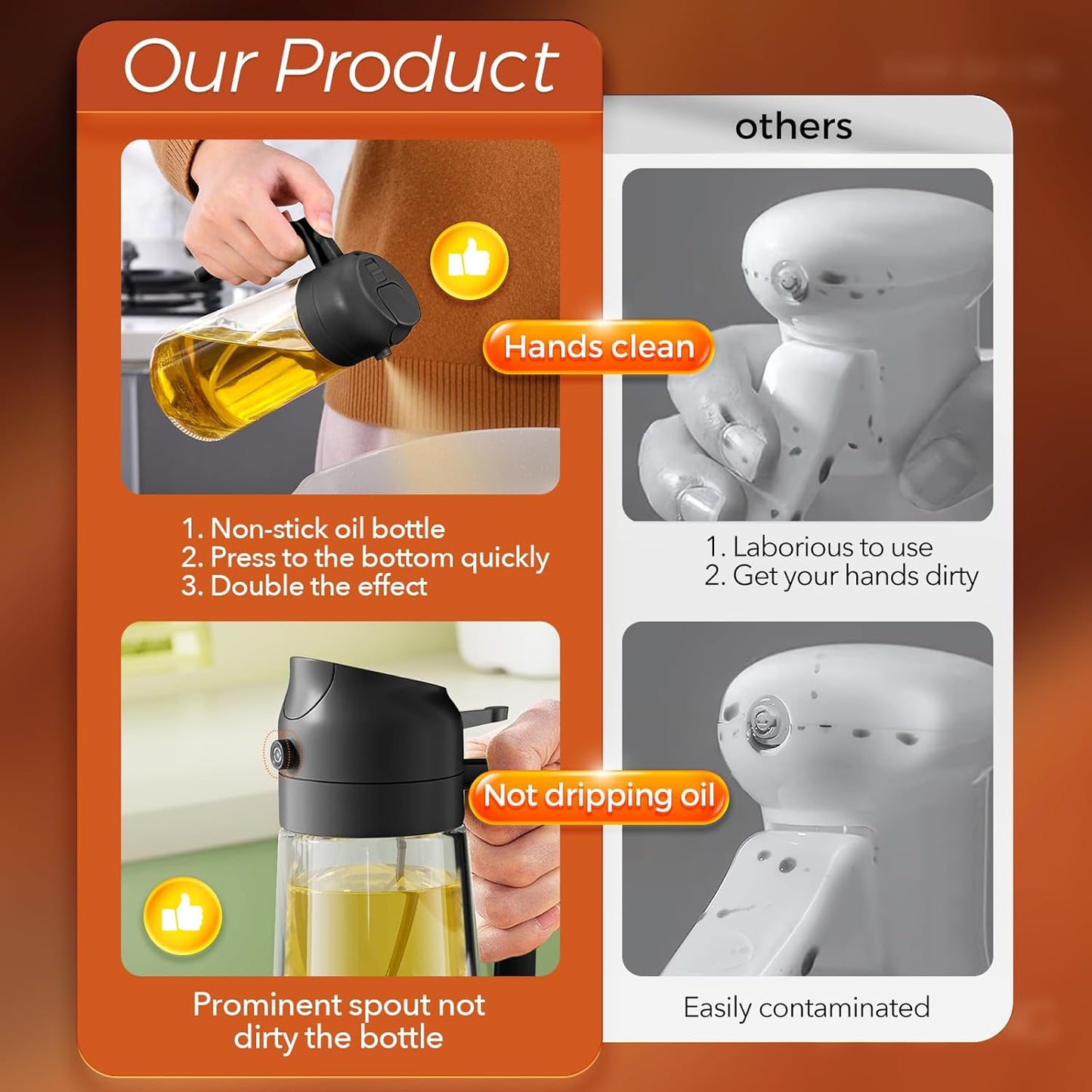 YRRAMATE 16oz/470ml Glass Olive Oil Sprayer for Cooking with Stickers, 2 in 1 Oil Dispenser for Kitchen Gadgets, Food Grade Premium Spray Bottle with Portion Control for Salad, Frying, BBQ (Black)