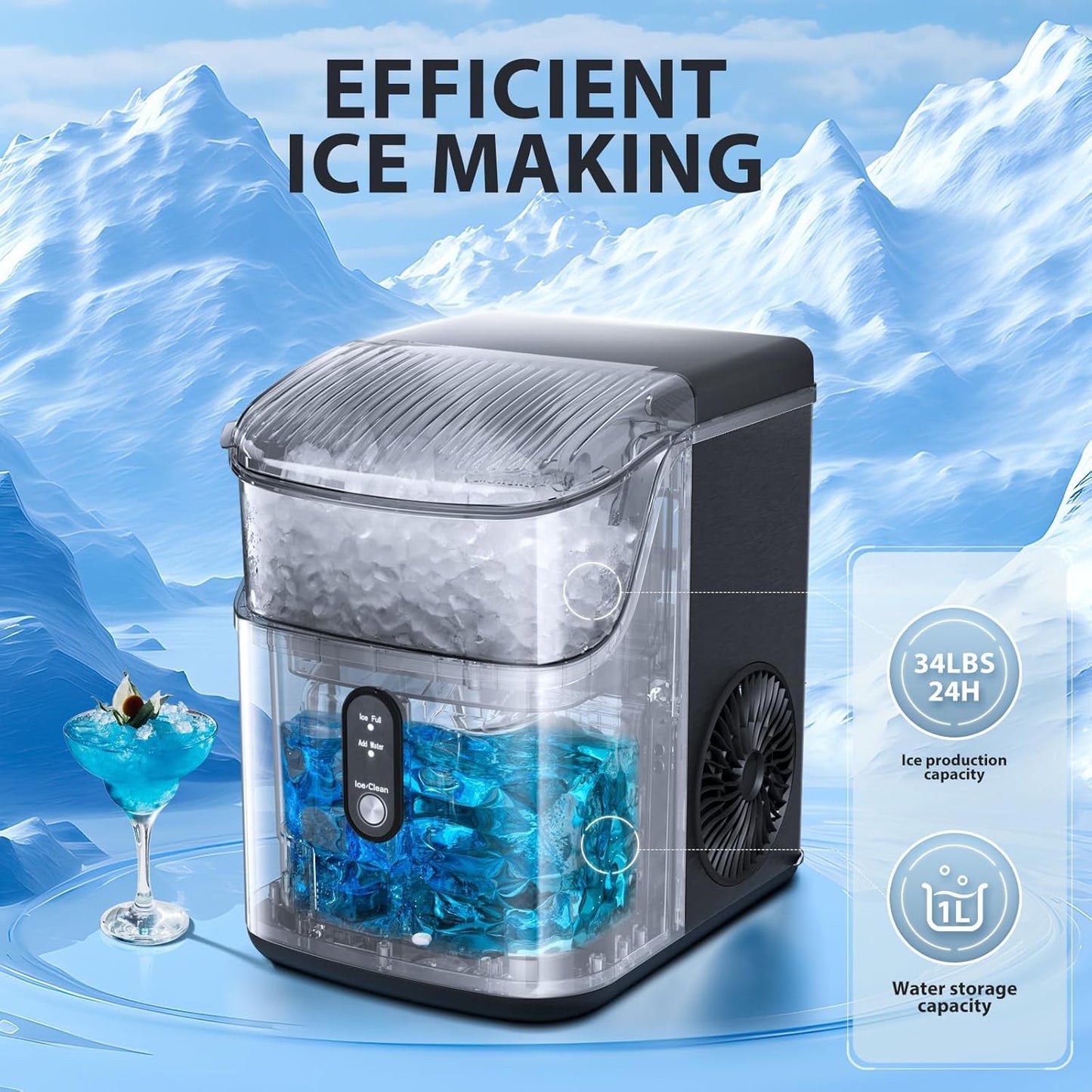 Nugget Ice Maker Countertop,Ready in 6 Mins, 34lbs/24H,Auto-Cleaning Portable Ice Maker with Basket and Scoop, for Home/Kitchen/Camping/RV. (Black)