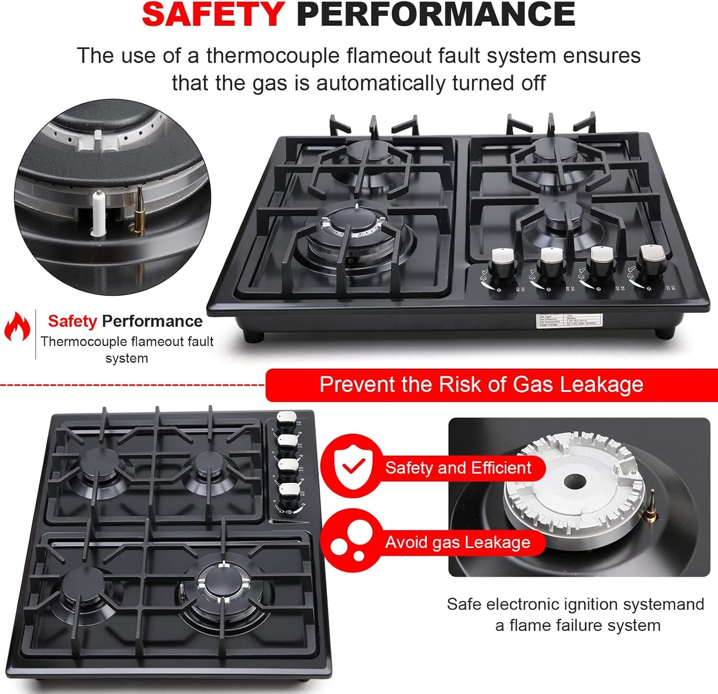 FORIMO Gas Cooktop 22Inch，Built in Gas Cooktop 4 Burners Stainless Steel Stove with NG/LPG Conversion Kit Thermocouple Protection and Easy to Clean
