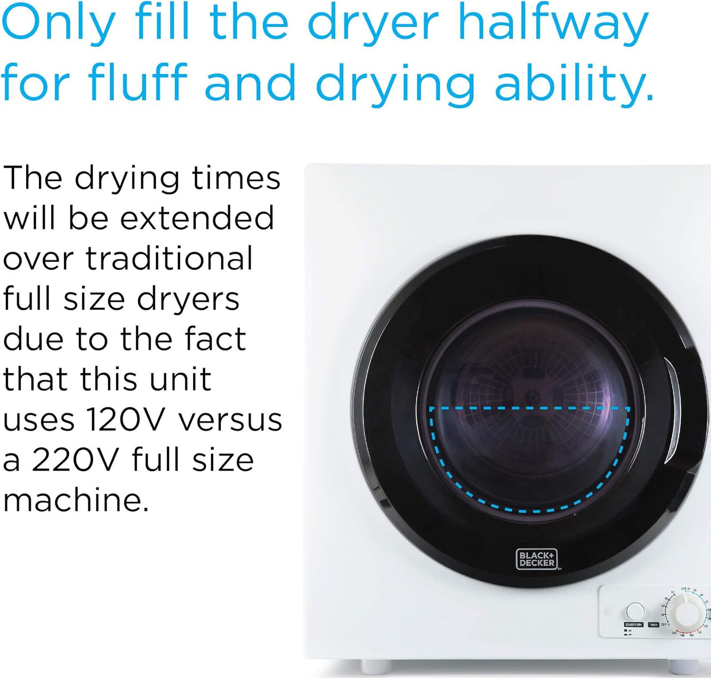 BLACK+DECKER BCED26 Compact Dryer for Standard Wall Outlet, Small, 5 Modes, Load Volume 8.8 lbs., White