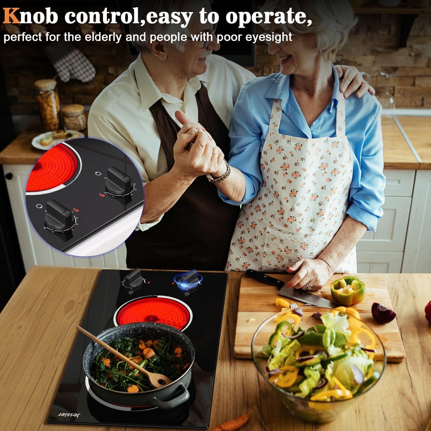 2 Burner Electric Cooktop - 12 Inch Plug in Portable 110V Electric Cook Top, Built-in & Countertop Ceramic Stove Top with Knob Control, 9 Power Levels and Overheat Protection