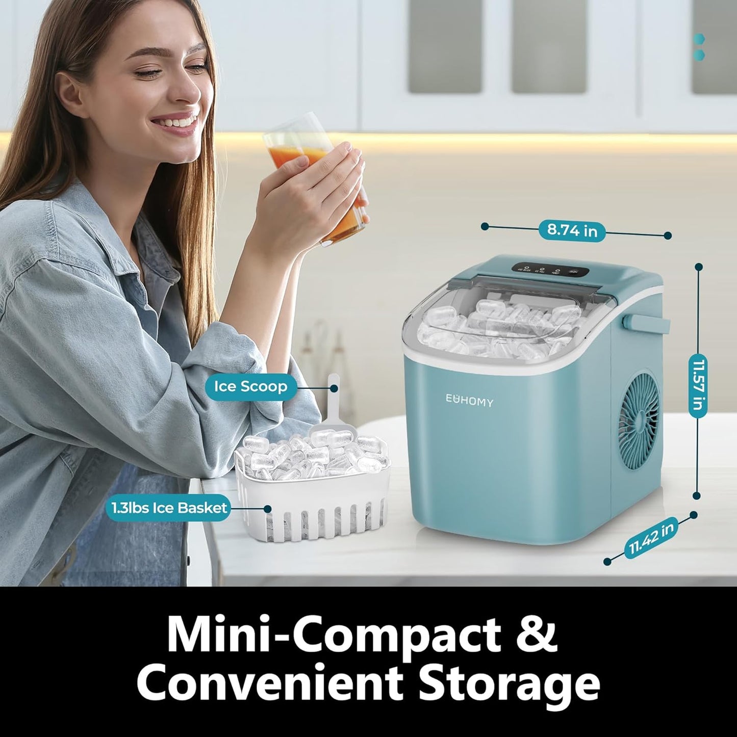 EUHOMY Countertop Ice Maker Machine with Handle, 26lbs Per Day, 9 Ice Cubes Ready in 6 Mins, Auto-Cleaning Portable Ice Maker with Basket and Scoop, for Home/Kitchen/Camping/RV (Blue)