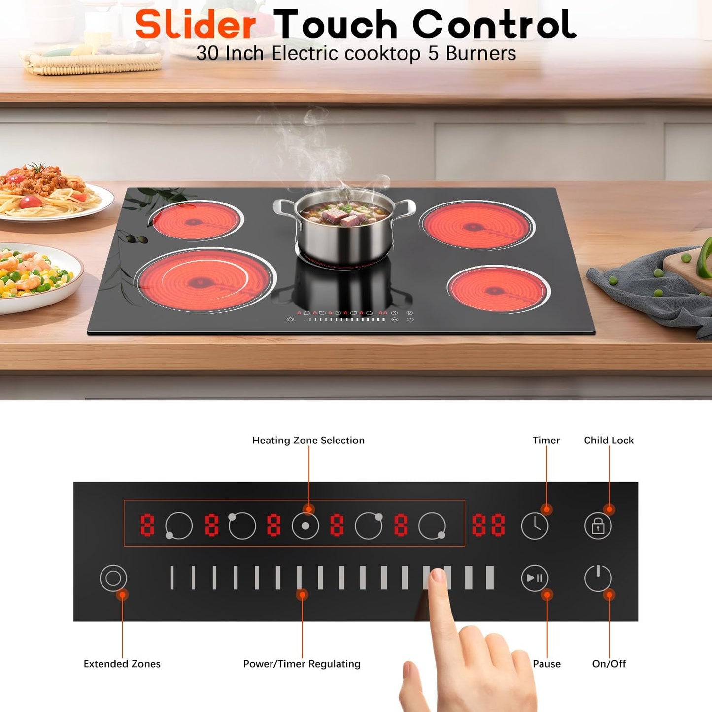 30 Inch Electric Cooktop, Nefaracy 5 Burner Electric Stove Top with Slider Control, 8400W Built-in Ceramic Cooktop with Dual Oval Zone, Timer & Safety Lock, Hot Surface Indicator, 220V, Hard Wire