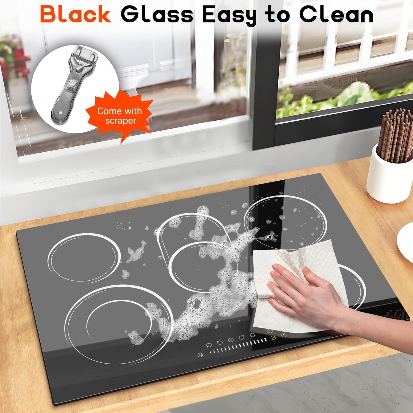 30 Inch Electric Cooktop, Nefaracy 5 Burner Electric Stove Top with Slider Control, 8400W Built-in Ceramic Cooktop with Dual Oval Zone, Timer & Safety Lock, Hot Surface Indicator, 220V, Hard Wire
