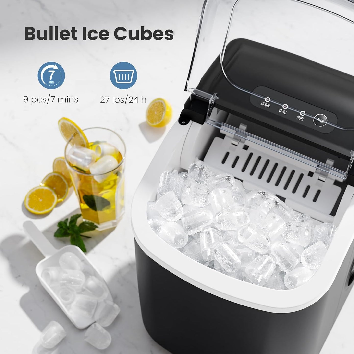 Countertop Ice Maker Machine with Handle, Portable Maker, 27lbs/24Hrs, 7Mins/9 Pcs ice Cubes, Self-Cleaning Table Top Maker with Ice Basket/Scoop, for Home/Kitchen/Office(Black)