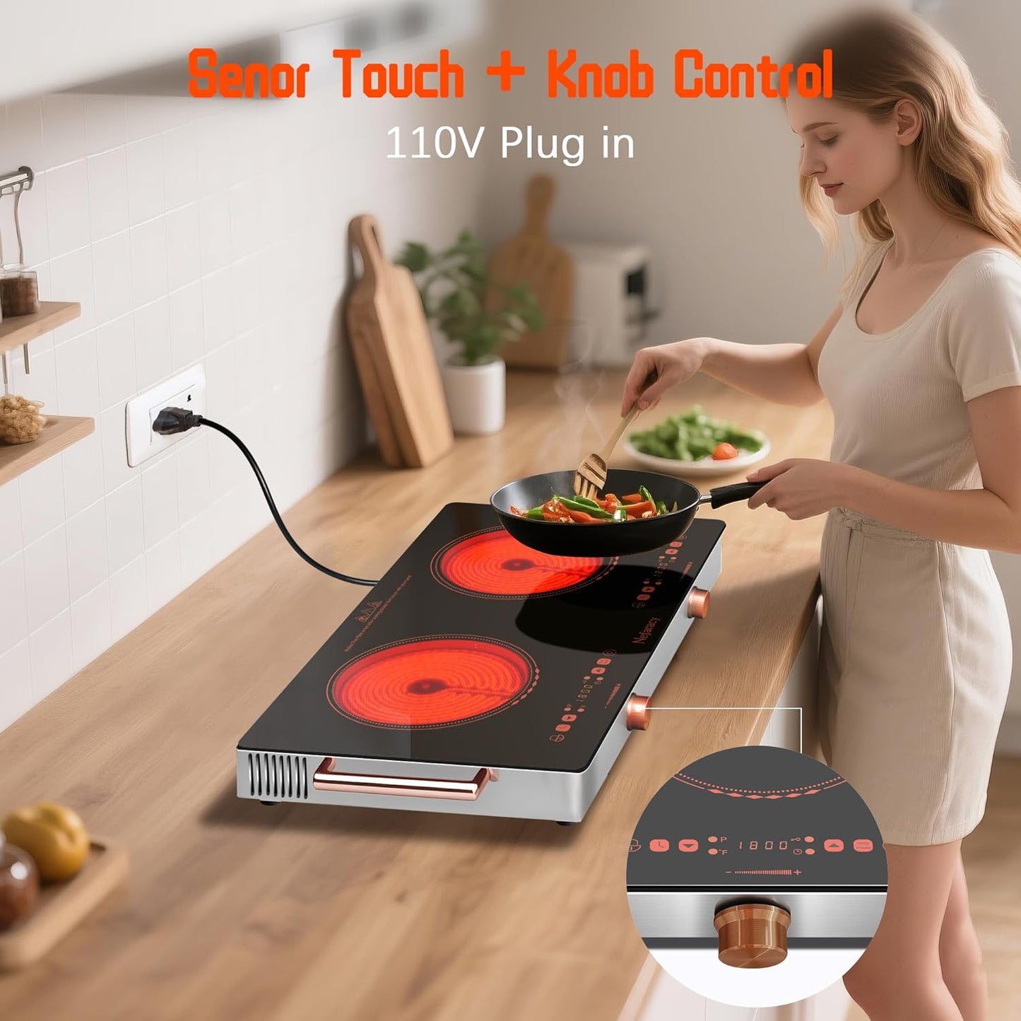 Electric Cooktop 2 Burner, 24 Inch Electric Stove with Touch & Knob Control, 2000W Ceramic Cooktop 110V Plug in, 240Mins Timer, Safety Lock & 9 Heating Levels, Overheat Protection(Red)